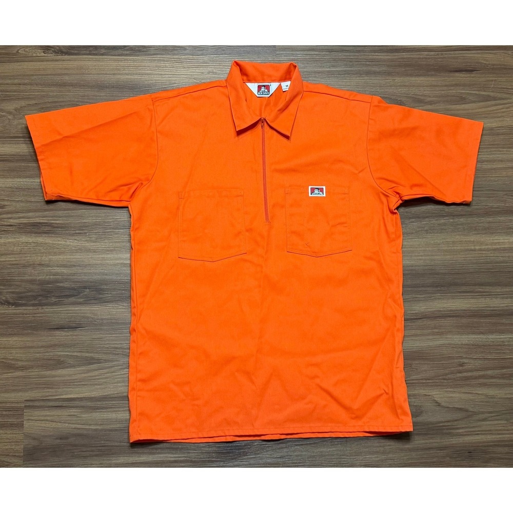 VTG Ben Davis Mens Half Zip Work Shirt Orange SS Heavy Duty USA Made Sz M